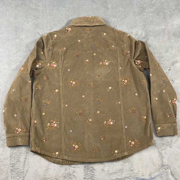 Driftwood Shirt Womens M Brown Shayna Corduroy Floral Embroidered Snap Shacket - Picture 2 of 13